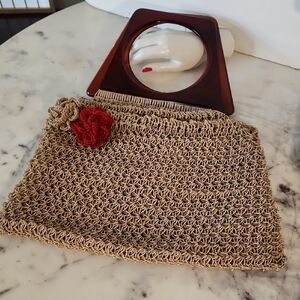 Vintage | Hand Crafted | Macrame Recycled Plastic Tan Straw Lucite Handle Bag